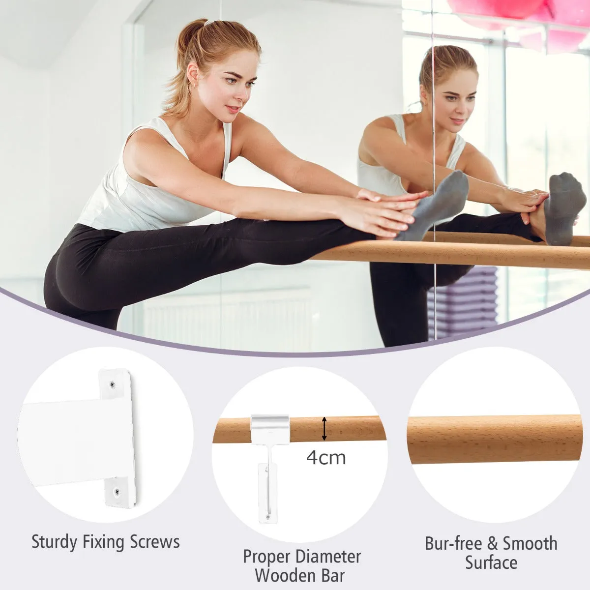 120CM Wall-Mounted Beech Wood Ballet Barre-White