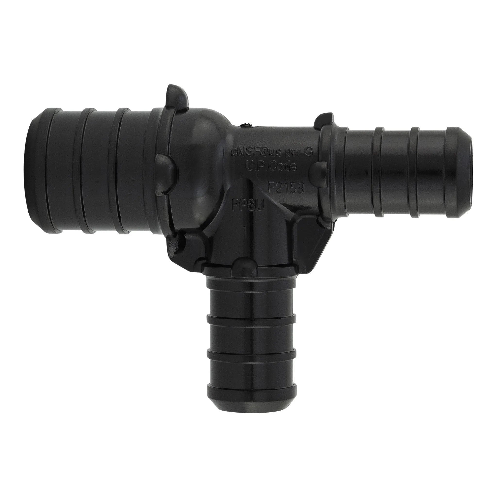 1" x 3/4" x 3/4" PEX B Crimp Barb PPSU Black Poly Reducing Tee, ASTM F2159