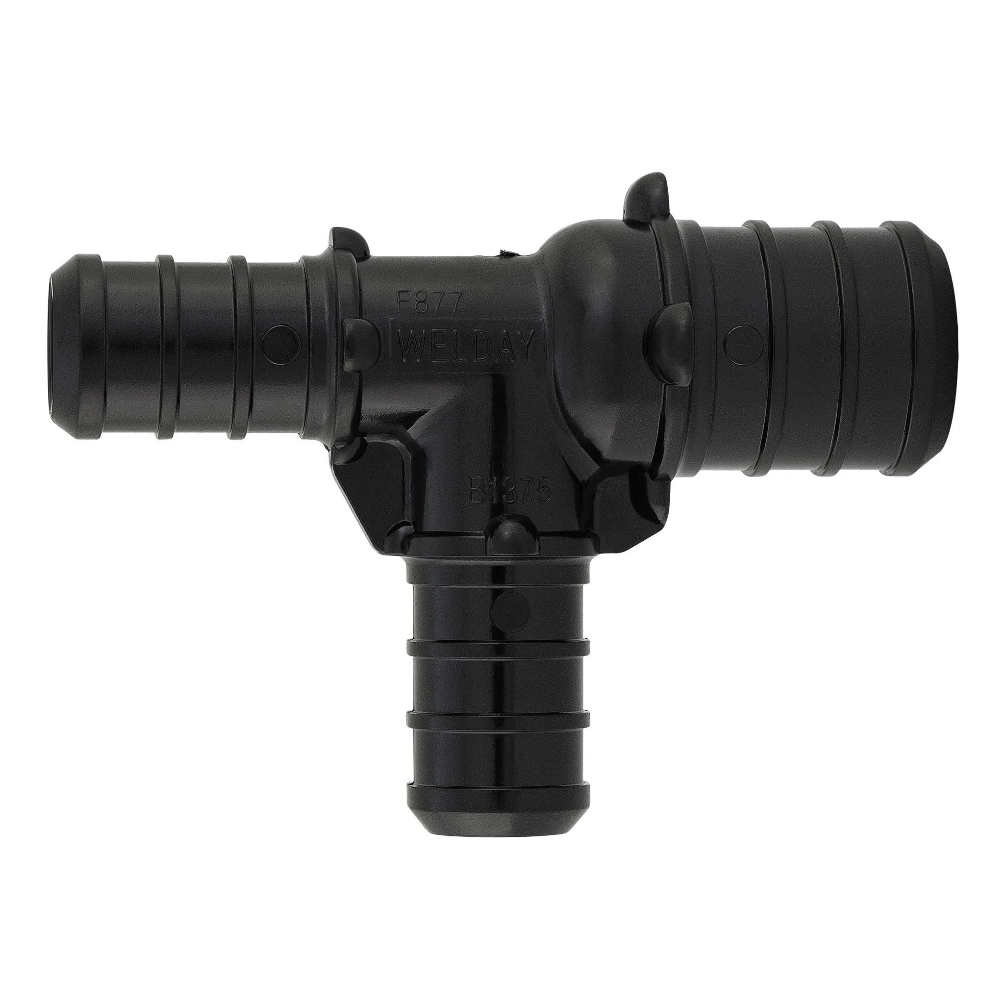 1" x 3/4" x 3/4" PEX B Crimp Barb PPSU Black Poly Reducing Tee, ASTM F2159