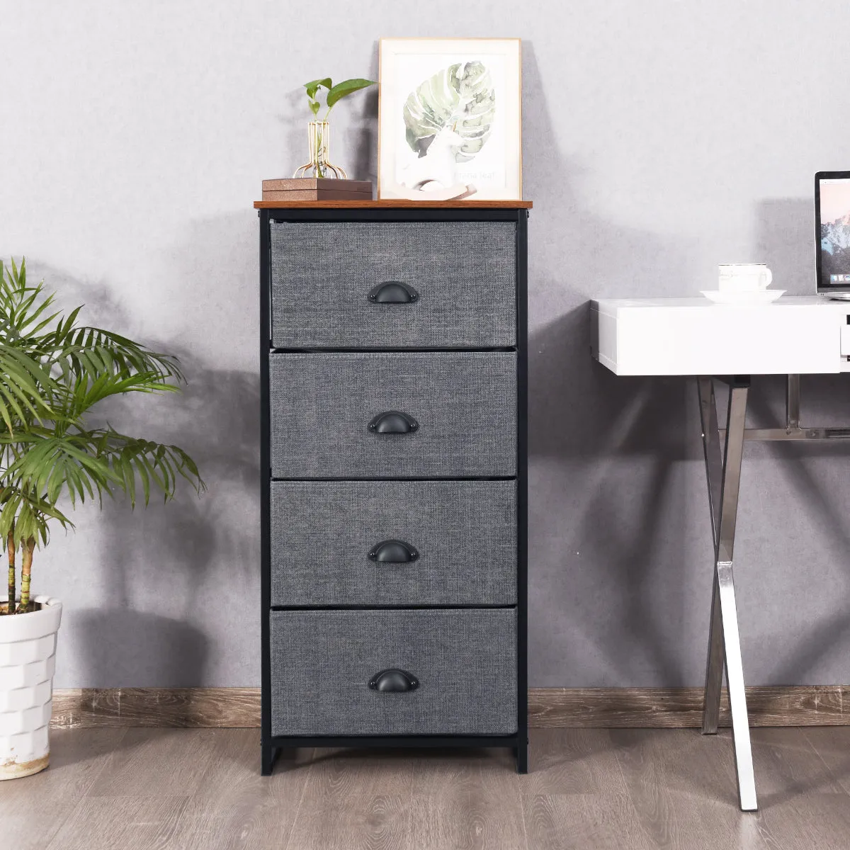 3/4 Fabric Nightstand Bedside Storage Cabinet Folding Drawers-4-Tier-Black
