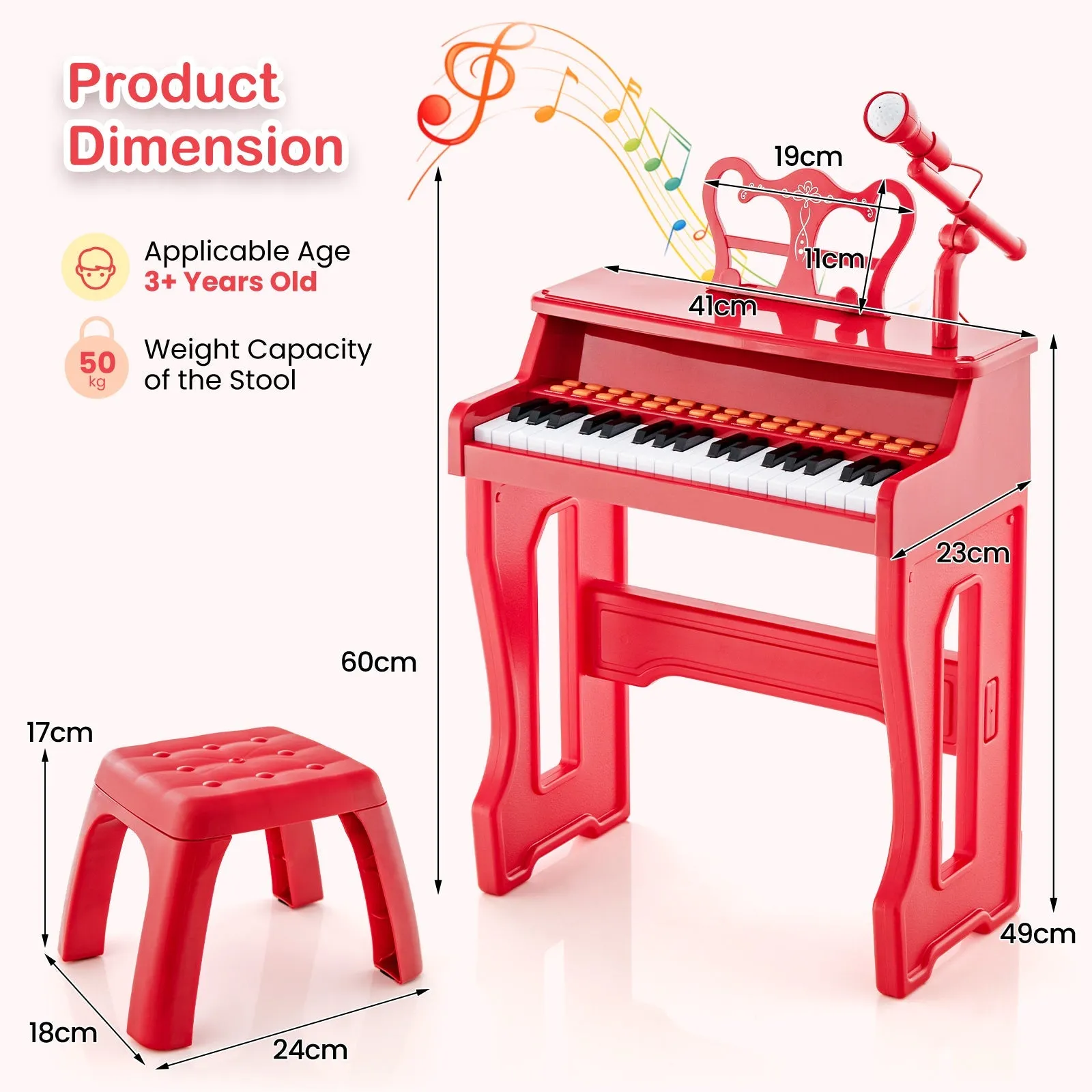 37-Key Electronic Piano Keyboard with Adjustable Microphone-Red