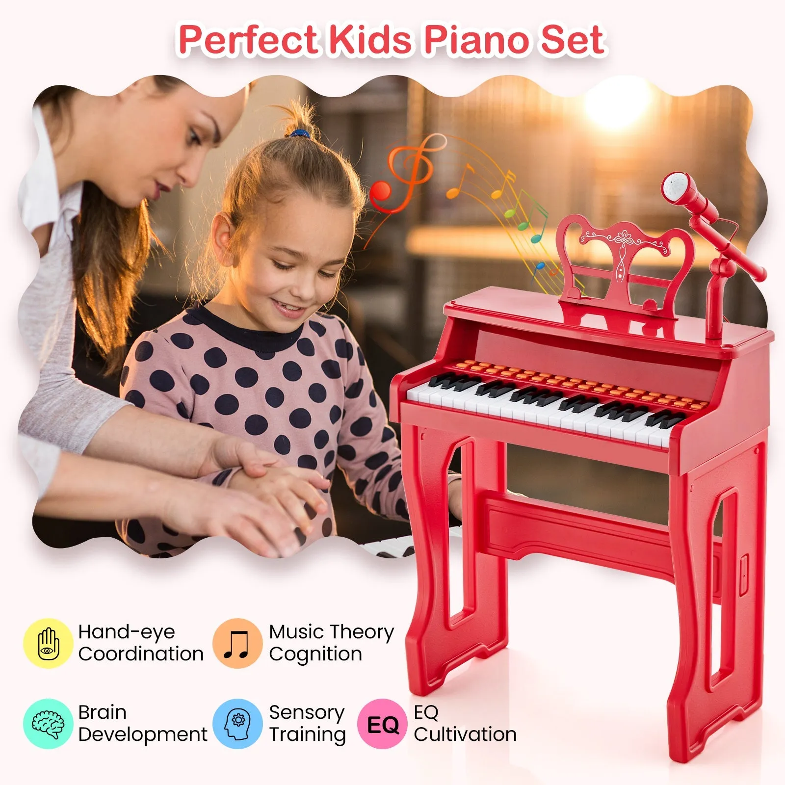 37-Key Electronic Piano Keyboard with Adjustable Microphone-Red