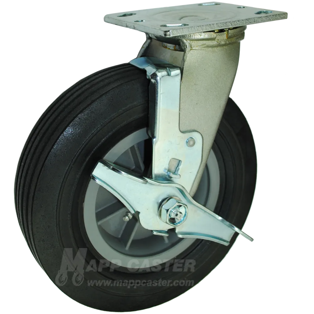 8" x 2" Eco-Rubber (Flat Free) Wheel Swivel Caster with Brake - 450 Lbs. Capacity