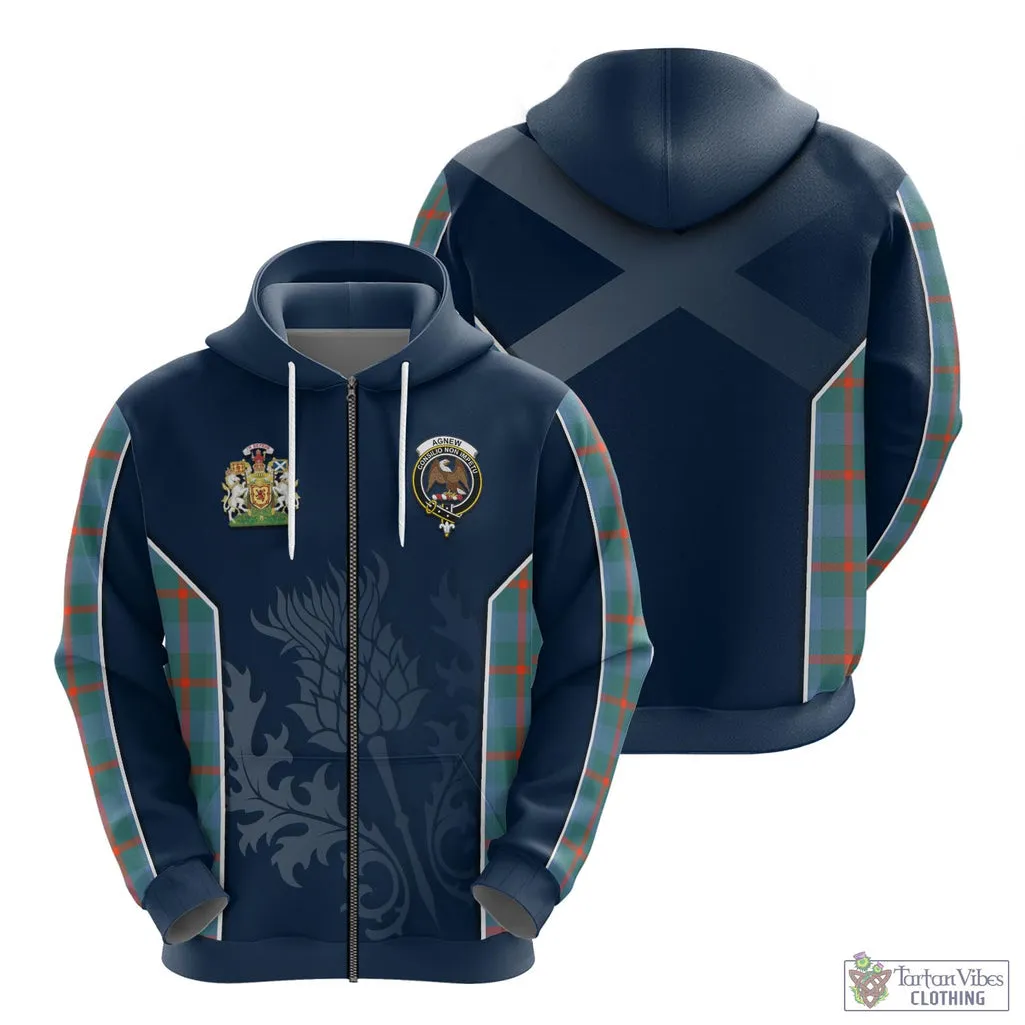 Agnew Ancient Tartan Hoodie with Family Crest and Scottish Thistle Vibes Sport Style