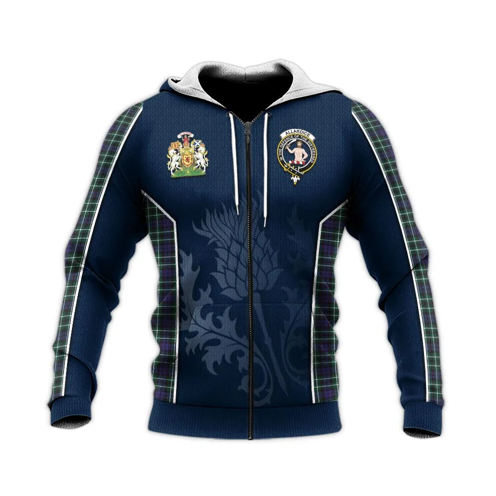 Allardice Tartan Knitted Hoodie with Family Crest and Scottish Thistle Vibes Sport Style