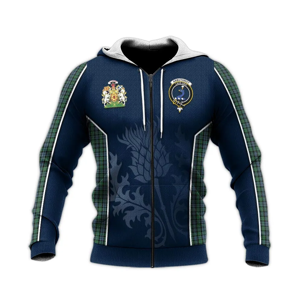 Arbuthnot Tartan Knitted Hoodie with Family Crest and Scottish Thistle Vibes Sport Style