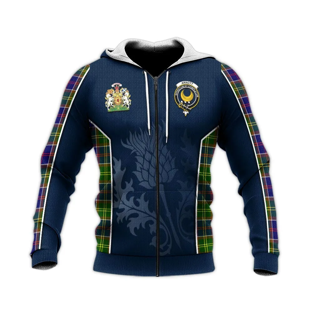 Arnott Tartan Knitted Hoodie with Family Crest and Scottish Thistle Vibes Sport Style