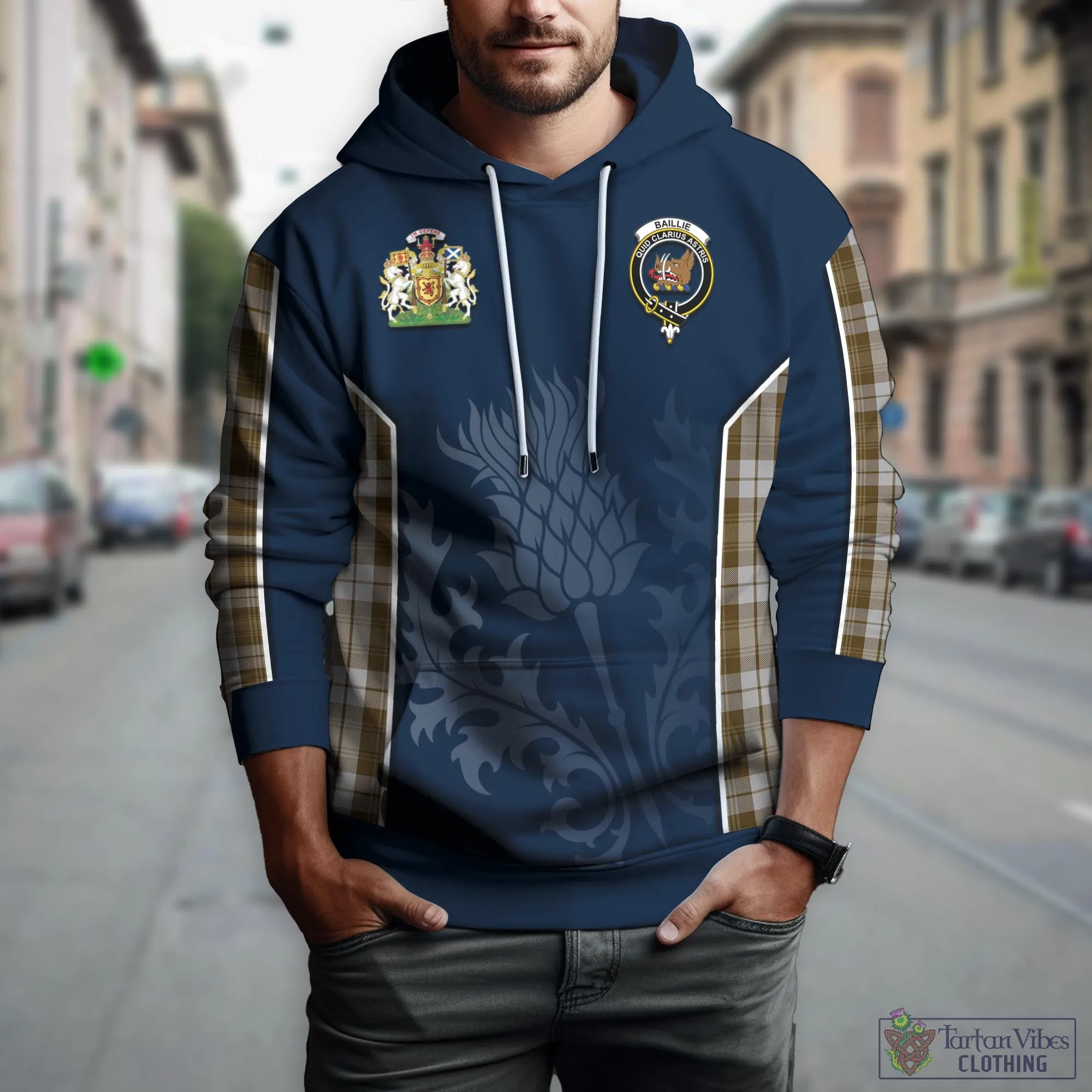 Baillie Dress Tartan Hoodie with Family Crest and Scottish Thistle Vibes Sport Style