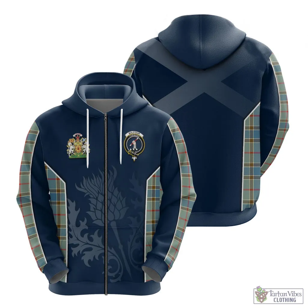 Balfour Blue Tartan Hoodie with Family Crest and Scottish Thistle Vibes Sport Style
