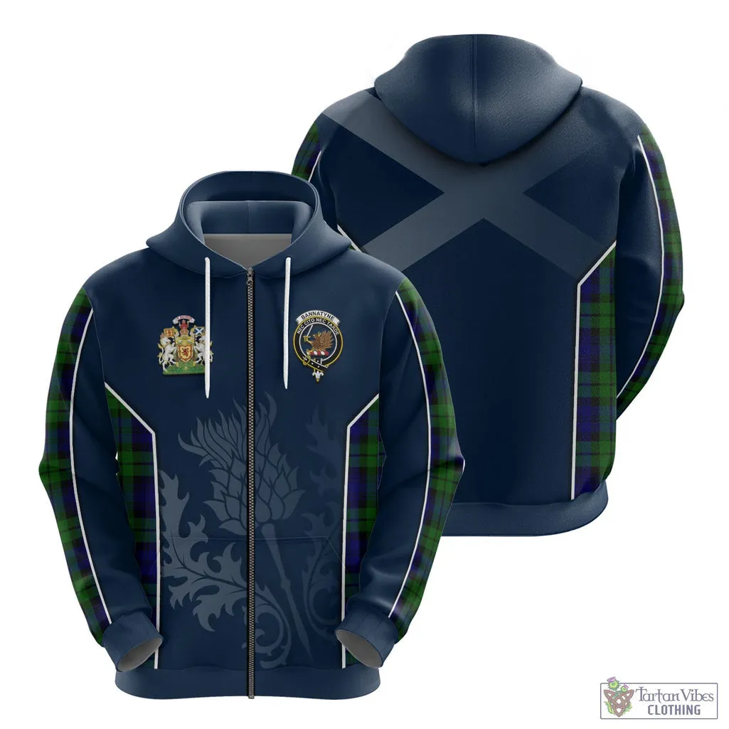 Bannatyne Tartan Hoodie with Family Crest and Scottish Thistle Vibes Sport Style