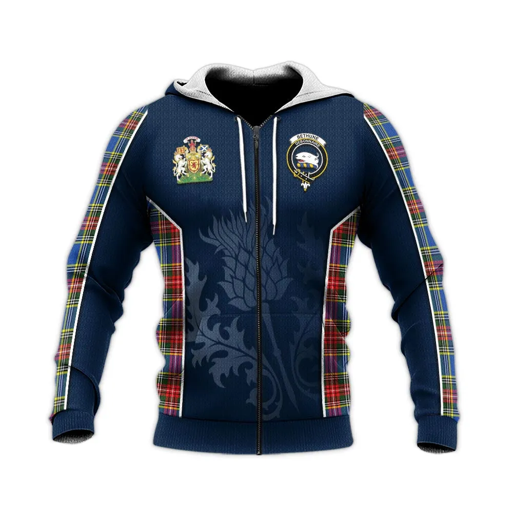Bethune Tartan Knitted Hoodie with Family Crest and Scottish Thistle Vibes Sport Style