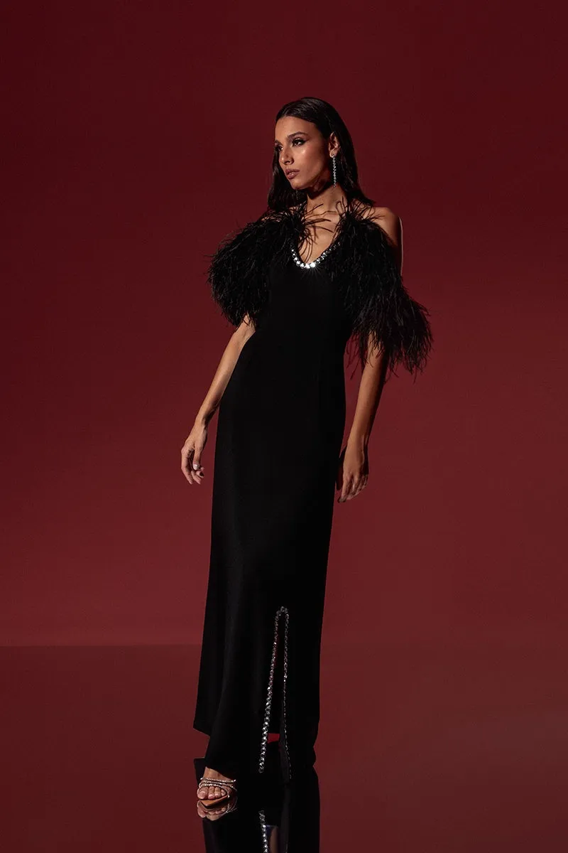 BLACK CREPE EMBROIDERED FEATHER GOWN
