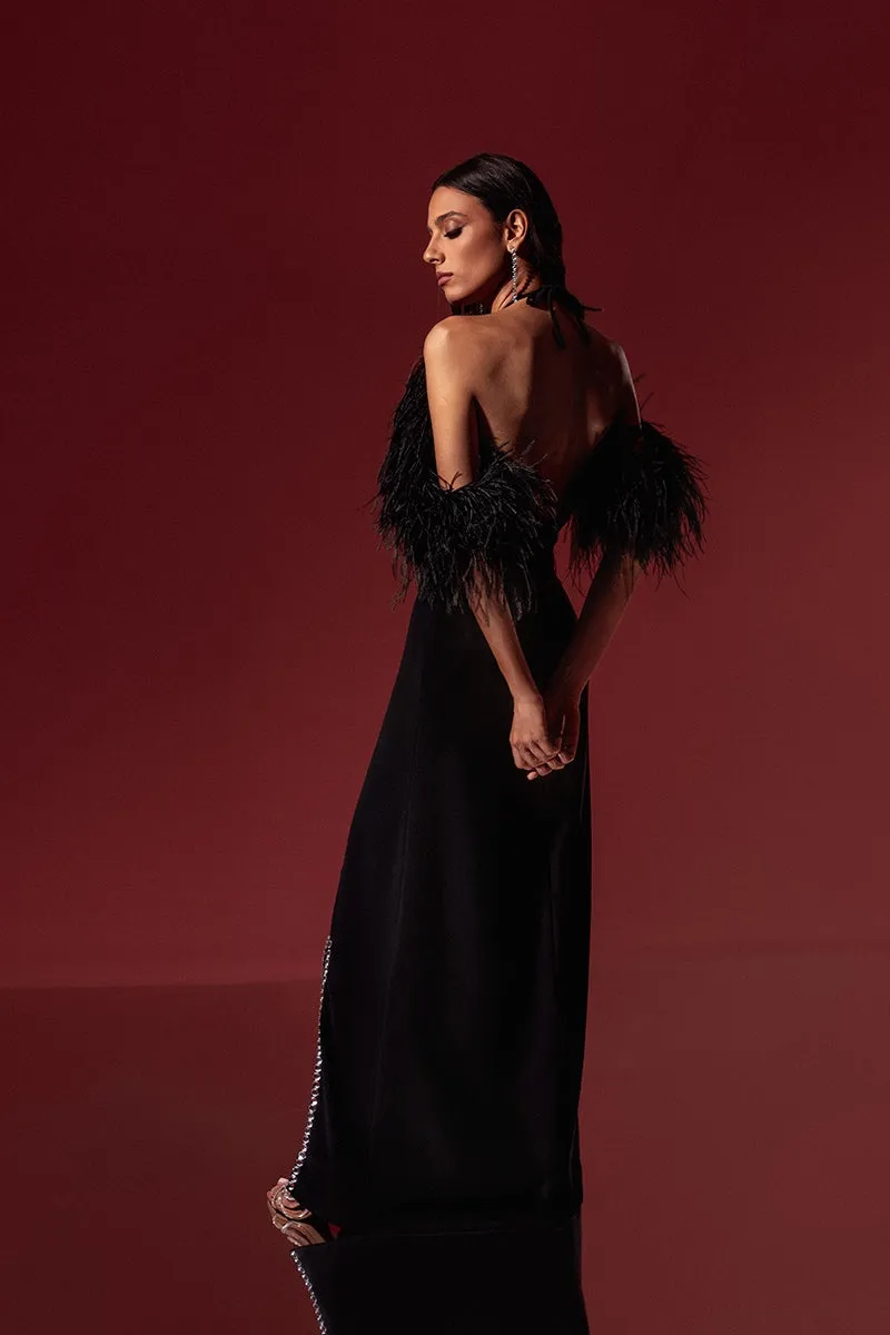 BLACK CREPE EMBROIDERED FEATHER GOWN