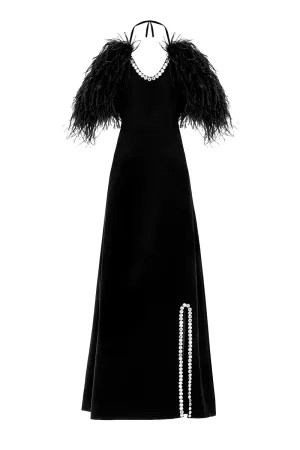 BLACK CREPE EMBROIDERED FEATHER GOWN