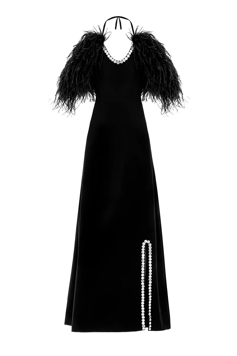 BLACK CREPE EMBROIDERED FEATHER GOWN