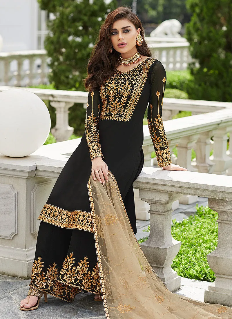 Black Golden Embroidered Palazzo Suit