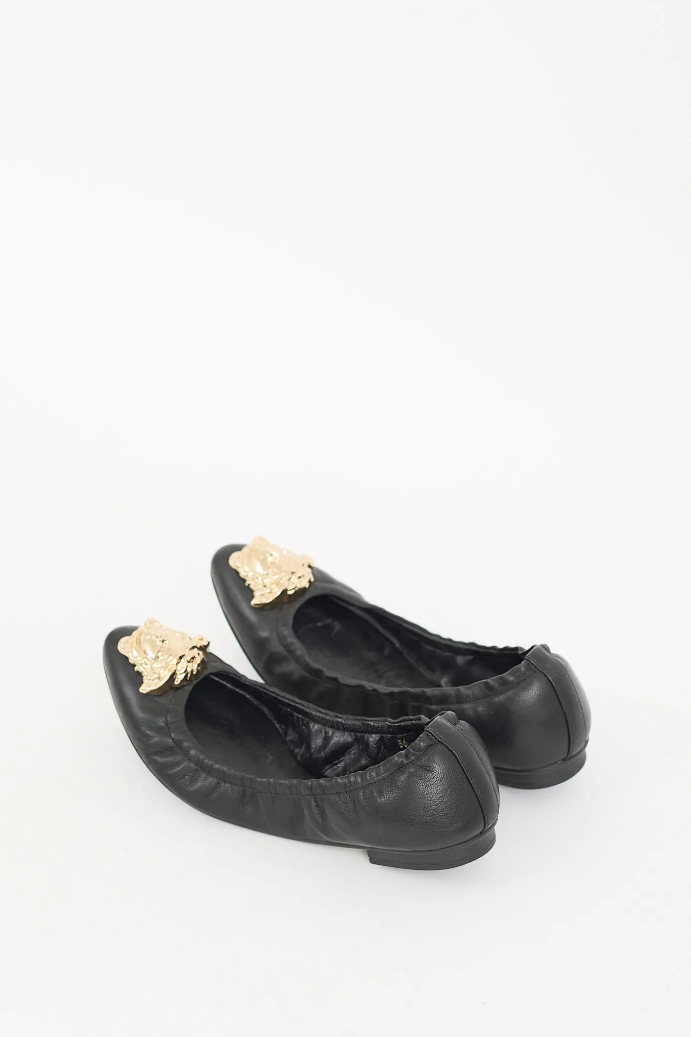 Black Leather & Gold Medusa Ballet Flat