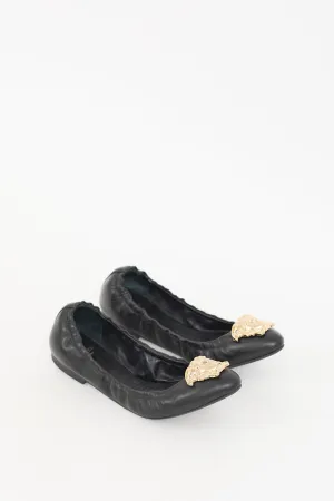 Black Leather & Gold Medusa Ballet Flat