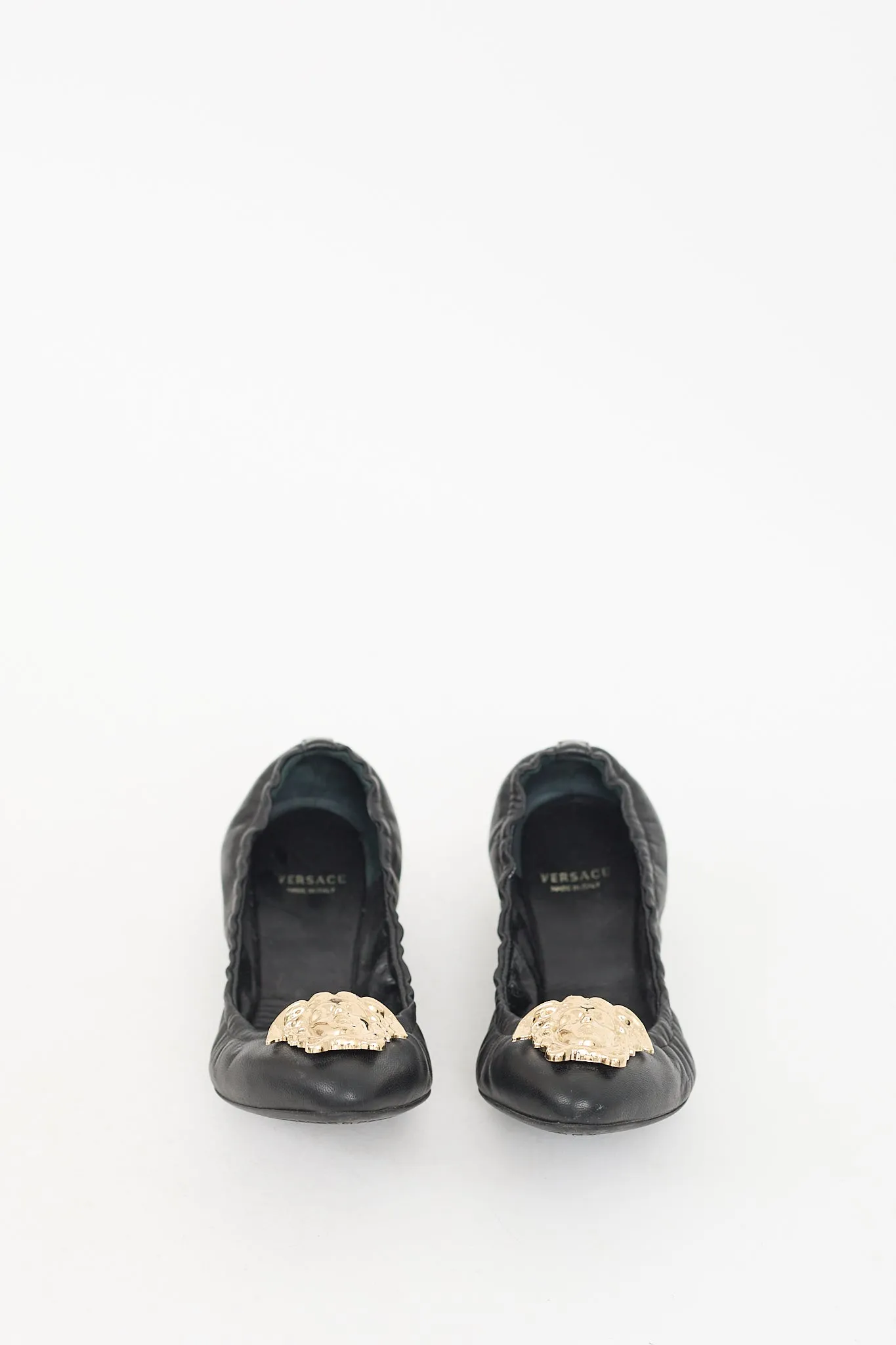 Black Leather & Gold Medusa Ballet Flat