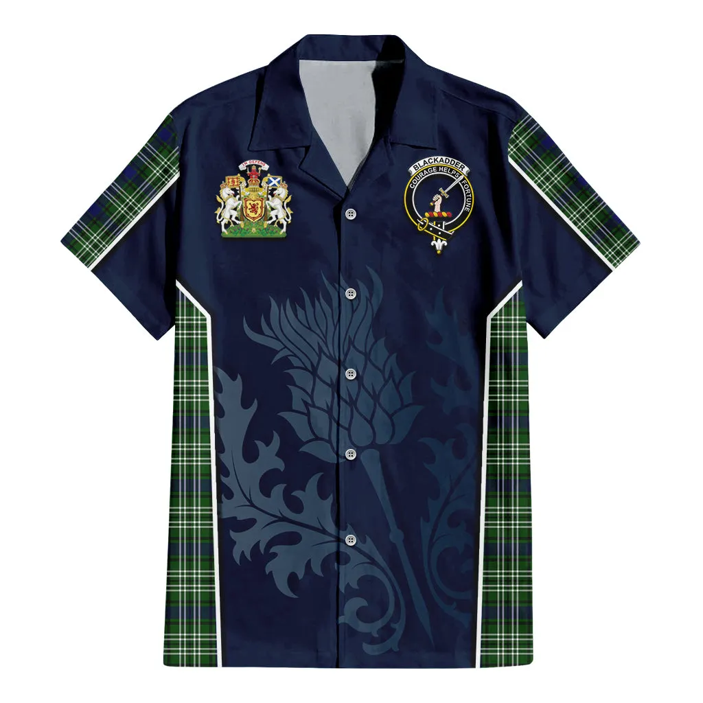 Blackadder Tartan Short Sleeve Button Up Shirt with Family Crest and Scottish Thistle Vibes Sport Style