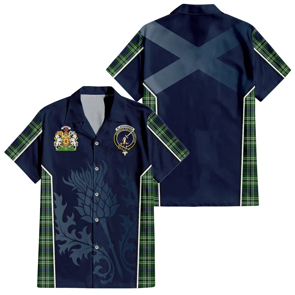 Blackadder Tartan Short Sleeve Button Up Shirt with Family Crest and Scottish Thistle Vibes Sport Style