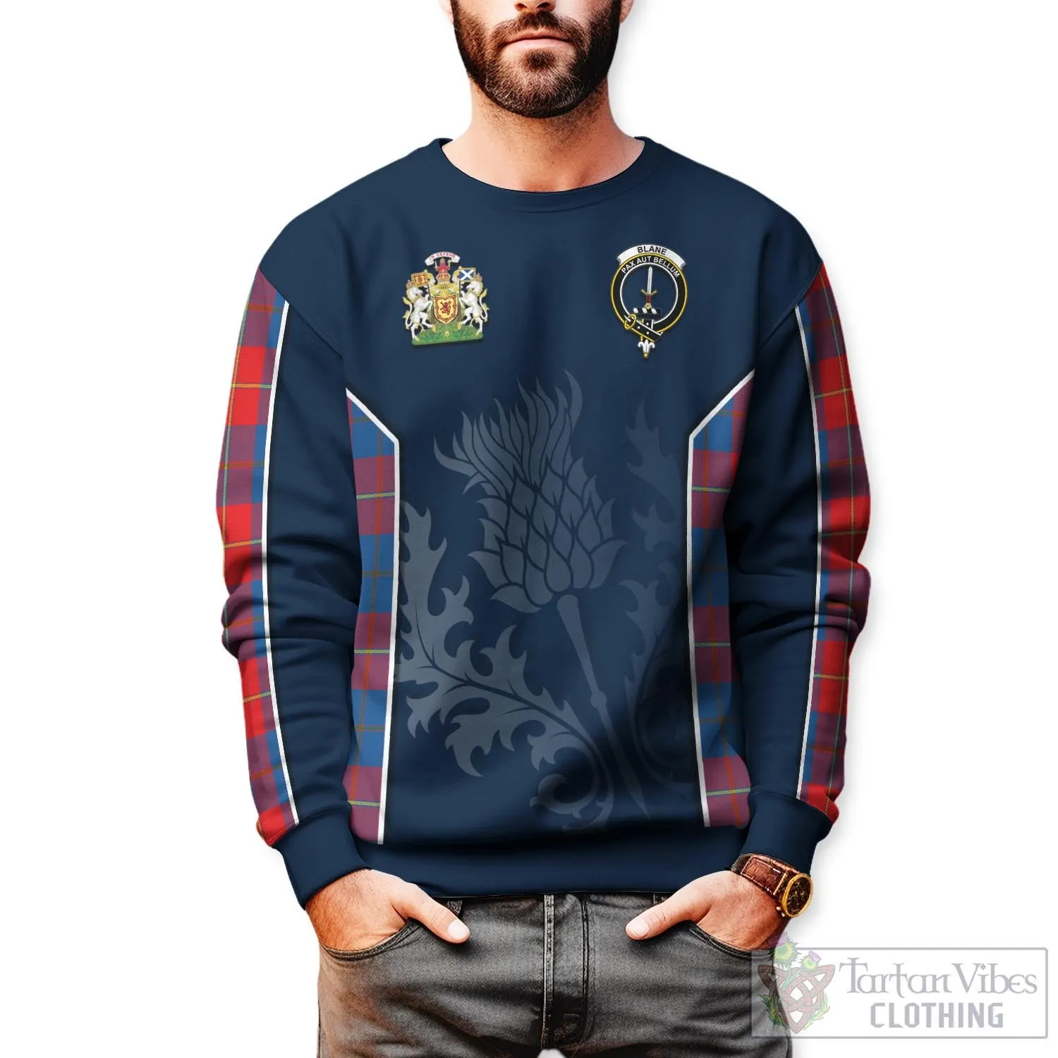 Blane Tartan Sweatshirt with Family Crest and Scottish Thistle Vibes Sport Style