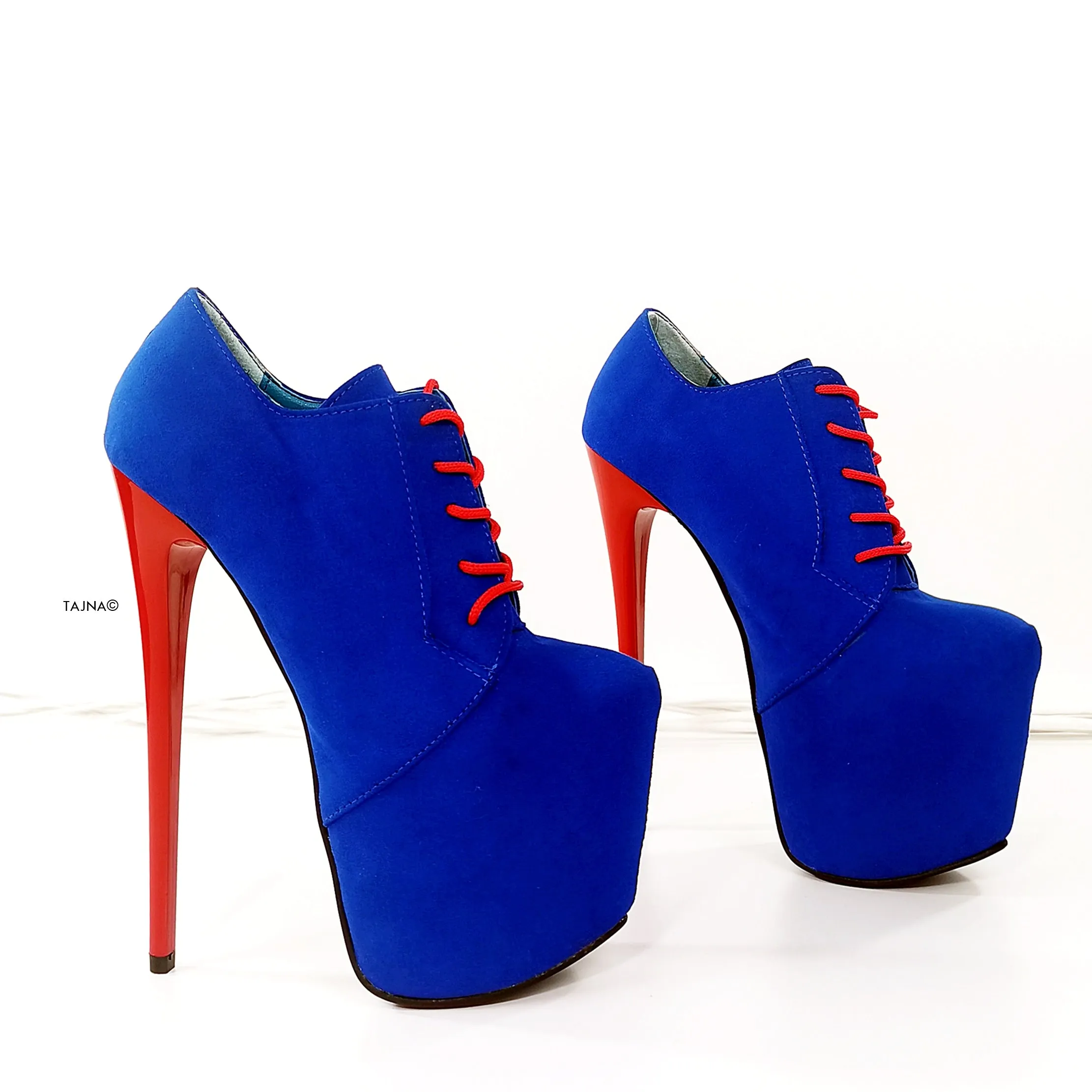 Blue Red Suede Oxford Ankle High Heels