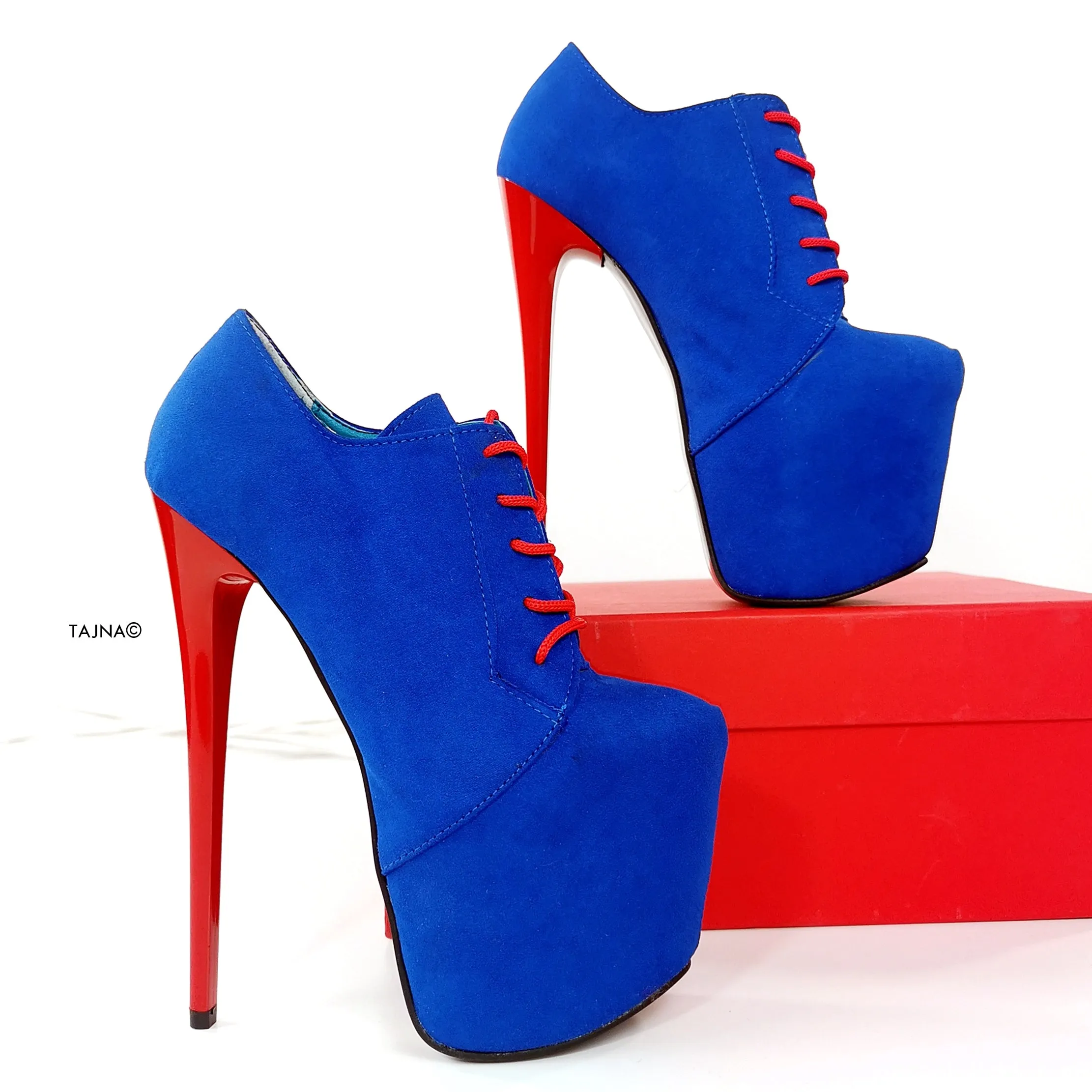Blue Red Suede Oxford Ankle High Heels