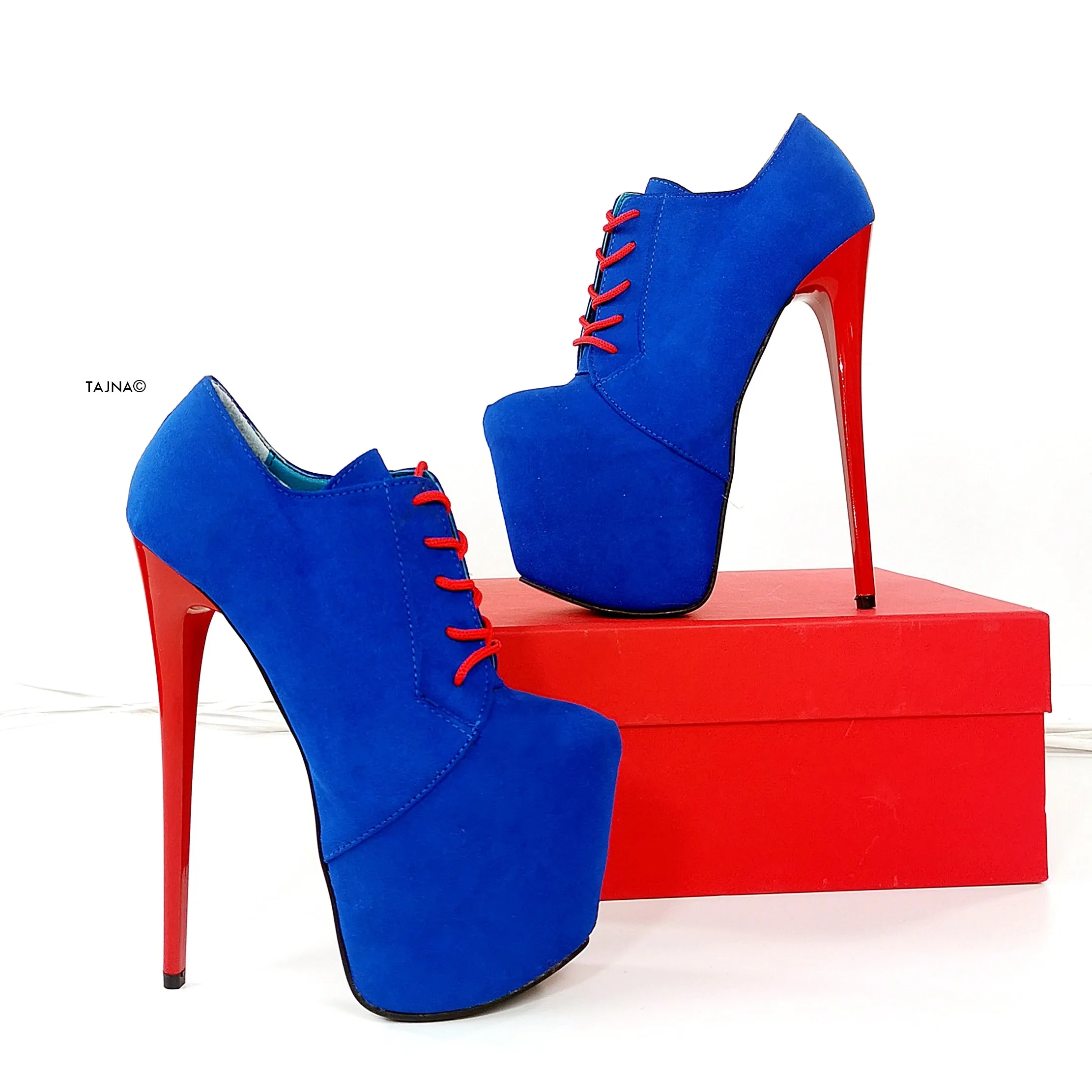Blue Red Suede Oxford Ankle High Heels