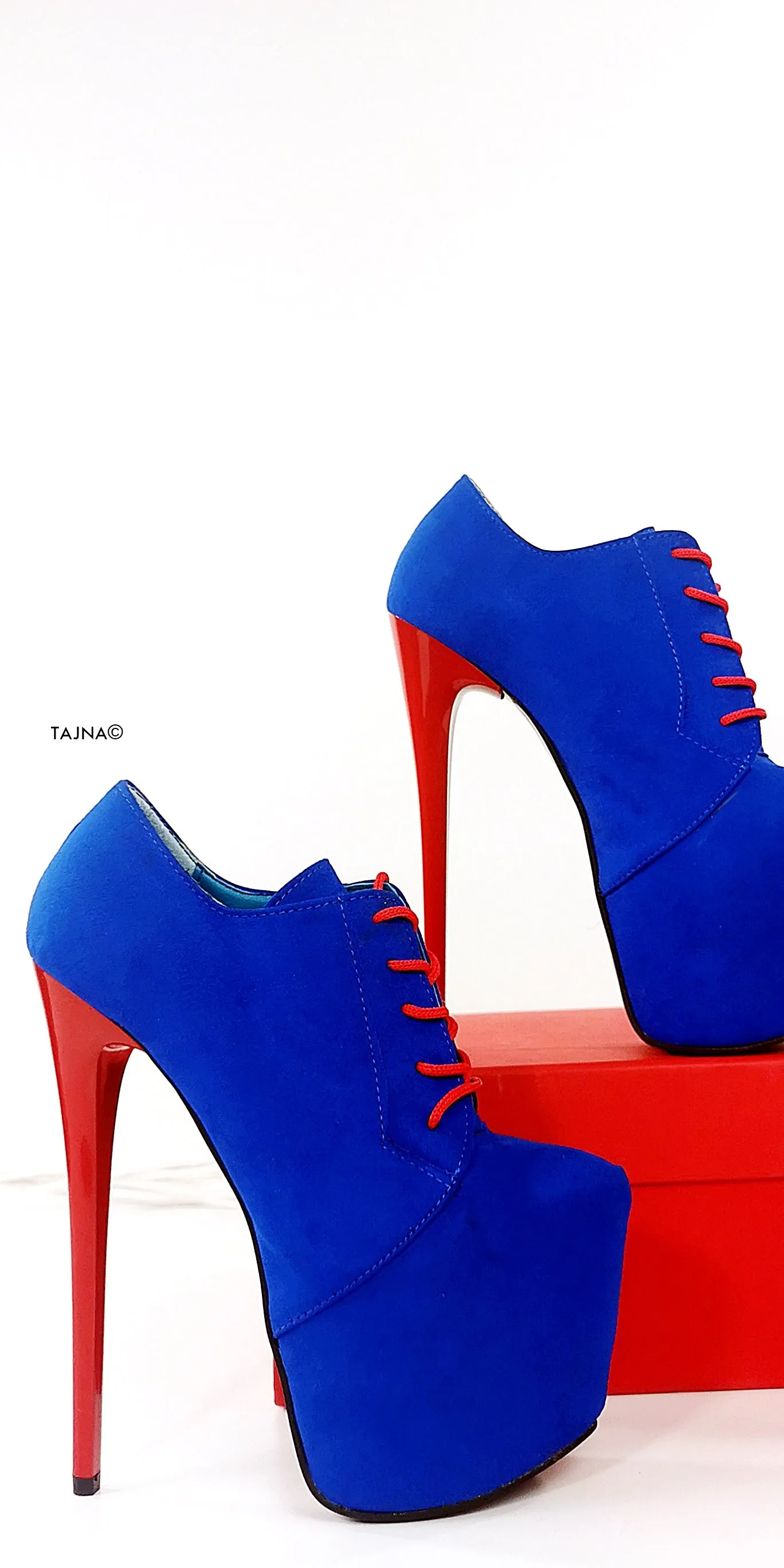 Blue Red Suede Oxford Ankle High Heels