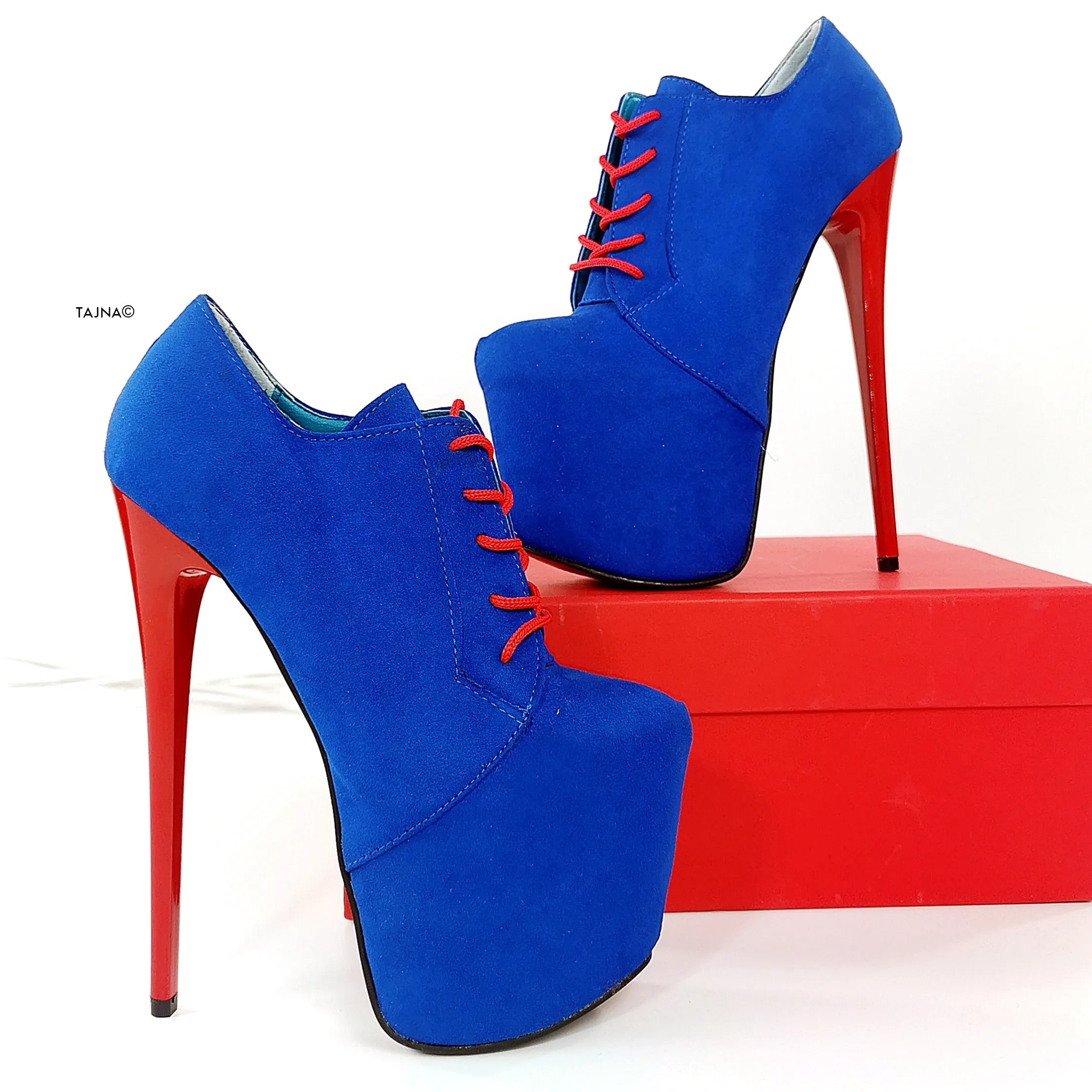 Blue Red Suede Oxford Ankle High Heels