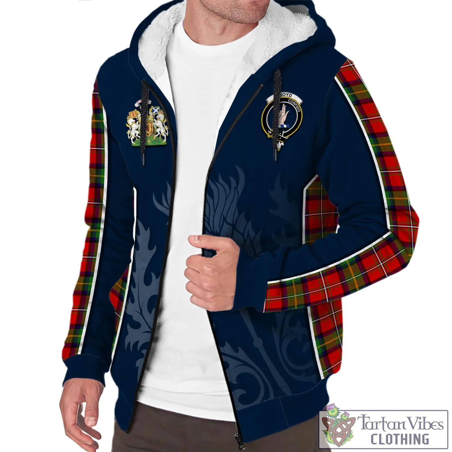 Boyd Tartan Sherpa Hoodie with Family Crest and Scottish Thistle Vibes Sport Style
