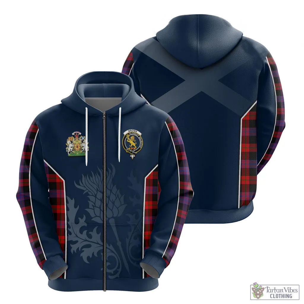 Brown (Broun) Tartan Hoodie with Family Crest and Scottish Thistle Vibes Sport Style