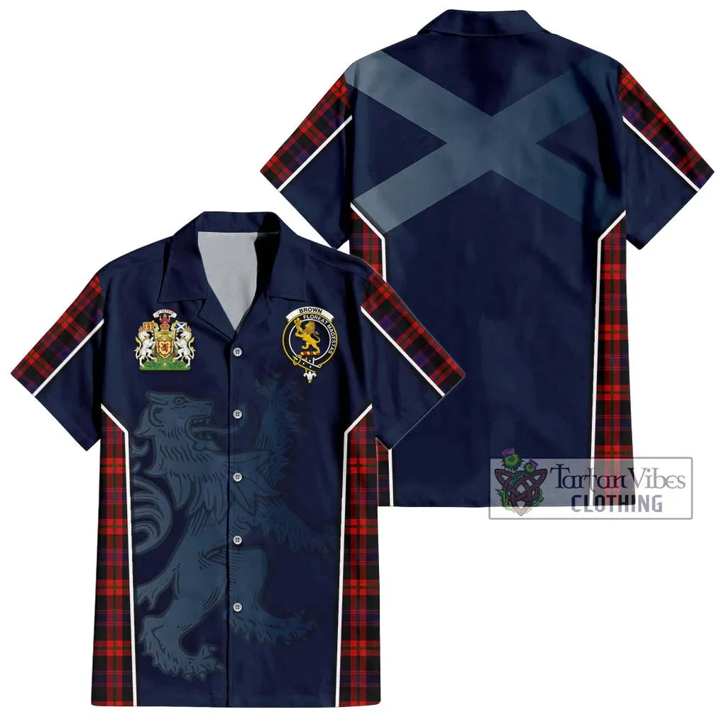 Brown (Broun) Tartan Short Sleeve Button Shirt with Family Crest and Lion Rampant Vibes Sport Style
