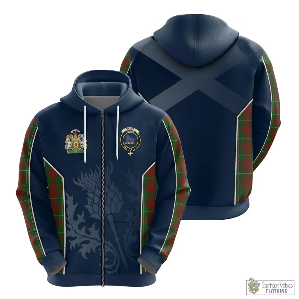 Bruce Hunting Tartan Hoodie with Family Crest and Scottish Thistle Vibes Sport Style