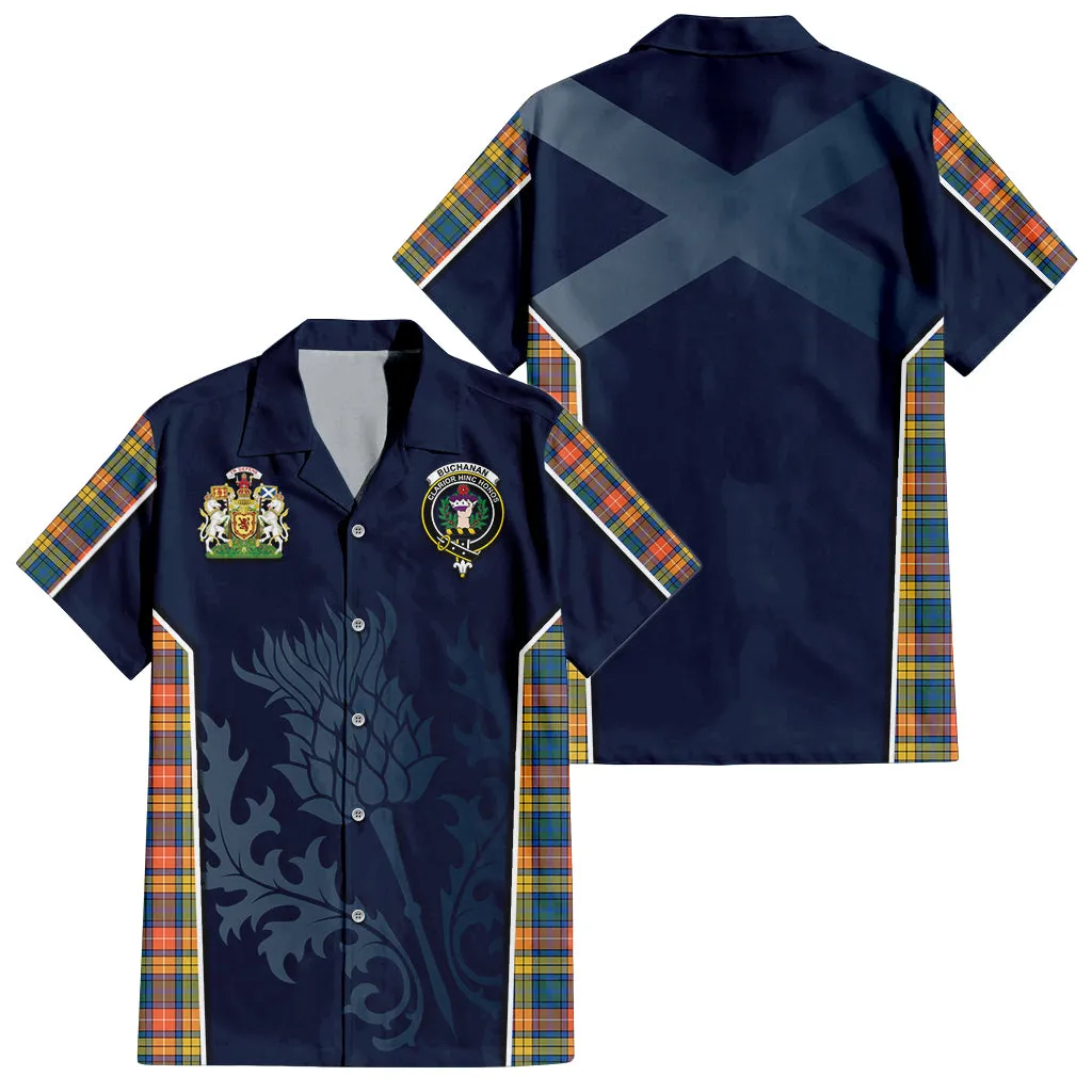 Buchanan Ancient Tartan Short Sleeve Button Up Shirt with Family Crest and Scottish Thistle Vibes Sport Style