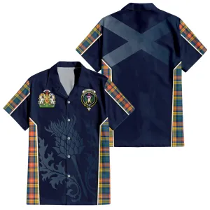 Buchanan Ancient Tartan Short Sleeve Button Up Shirt with Family Crest and Scottish Thistle Vibes Sport Style