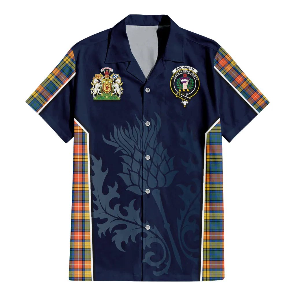Buchanan Ancient Tartan Short Sleeve Button Up Shirt with Family Crest and Scottish Thistle Vibes Sport Style