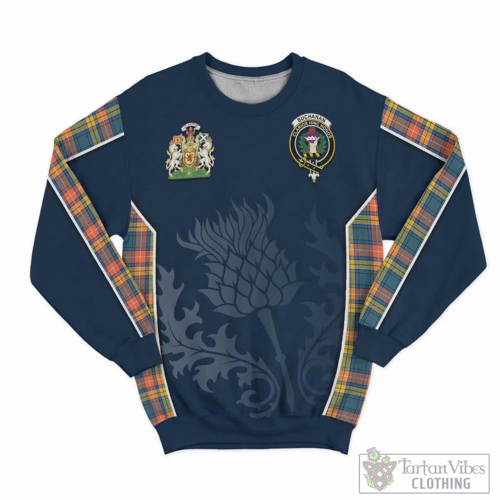 Buchanan Ancient Tartan Sweatshirt with Family Crest and Scottish Thistle Vibes Sport Style