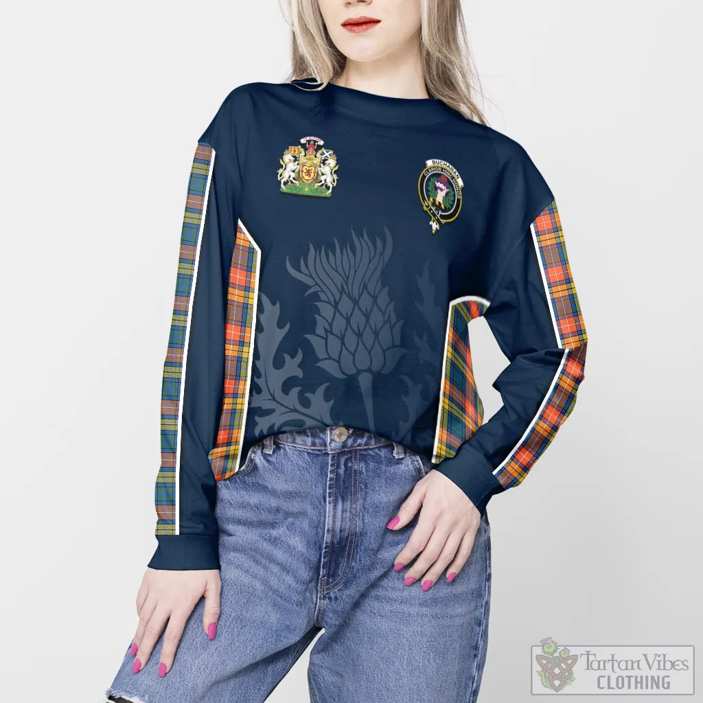 Buchanan Ancient Tartan Sweatshirt with Family Crest and Scottish Thistle Vibes Sport Style