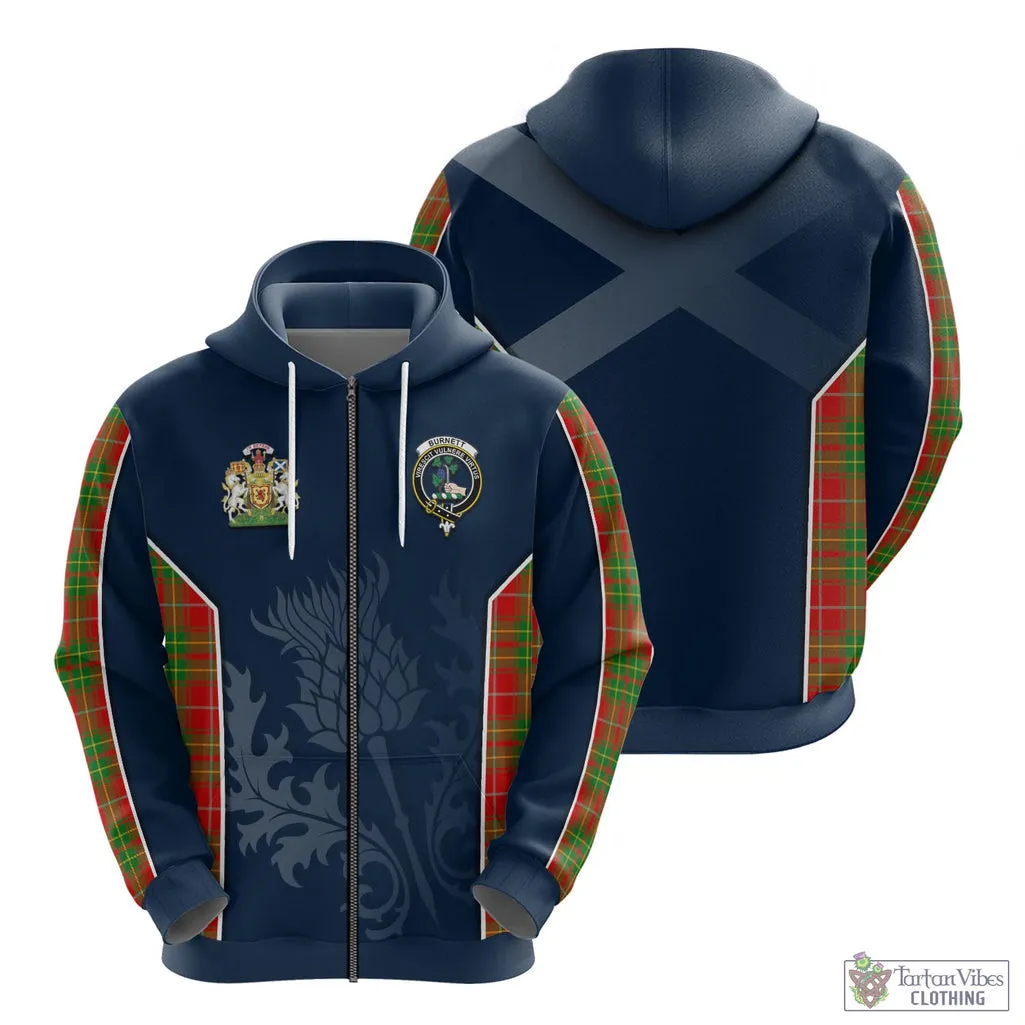 Burnett Tartan Hoodie with Family Crest and Scottish Thistle Vibes Sport Style