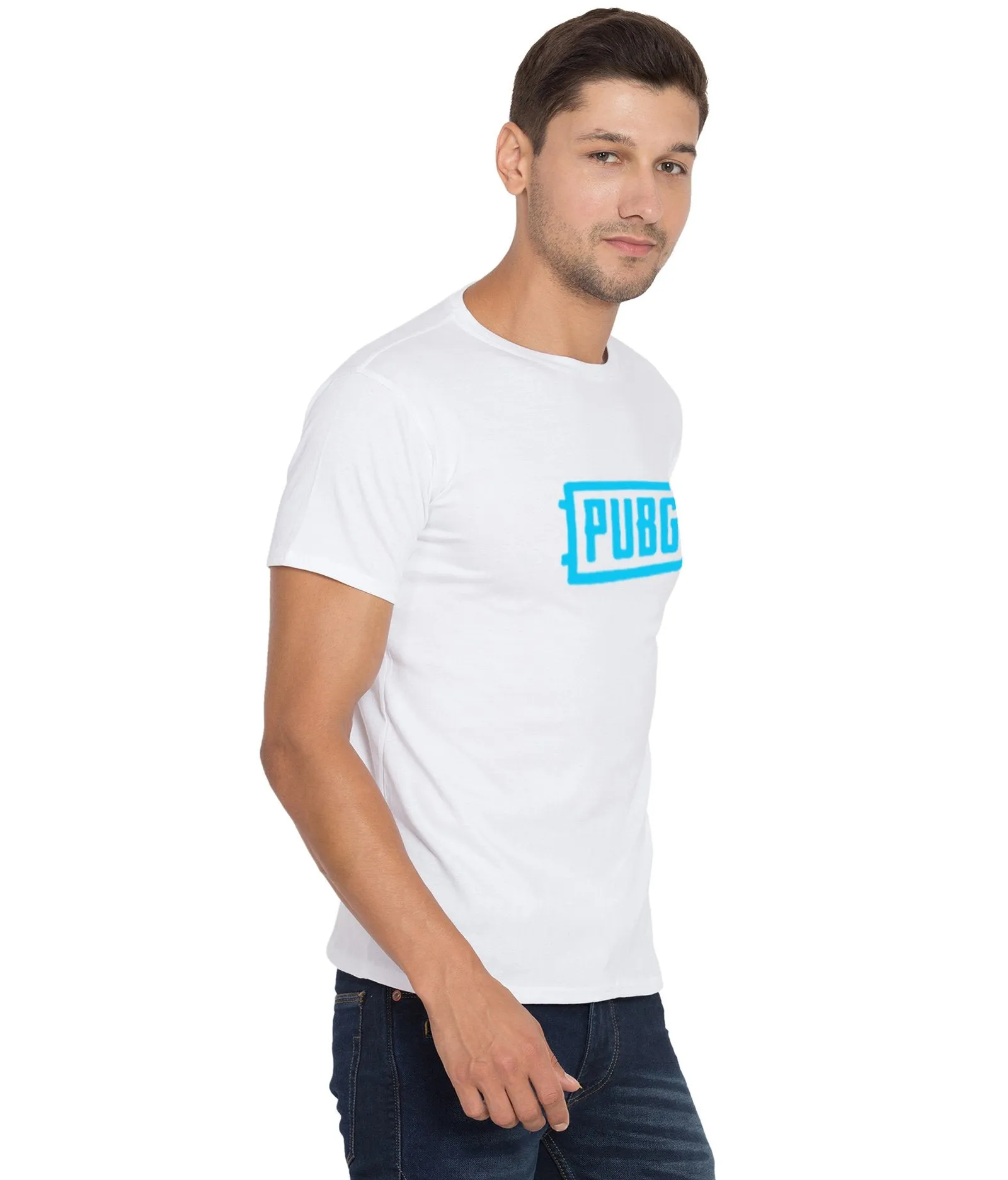 Cliths Printed Pubg Tshirts For Men/White And Sky Men's Pubg Tshirt Half Sleeve