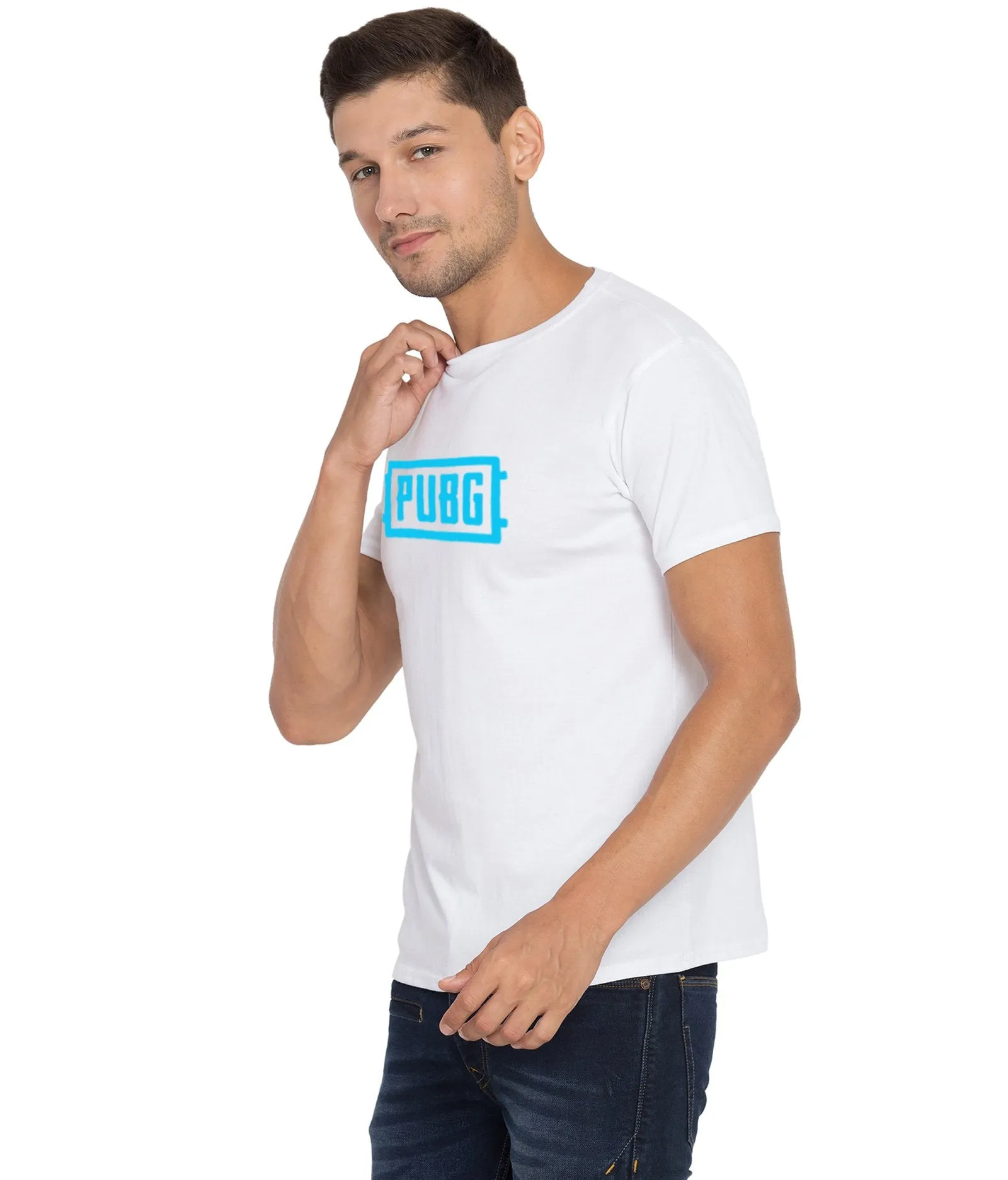 Cliths Printed Pubg Tshirts For Men/White And Sky Men's Pubg Tshirt Half Sleeve