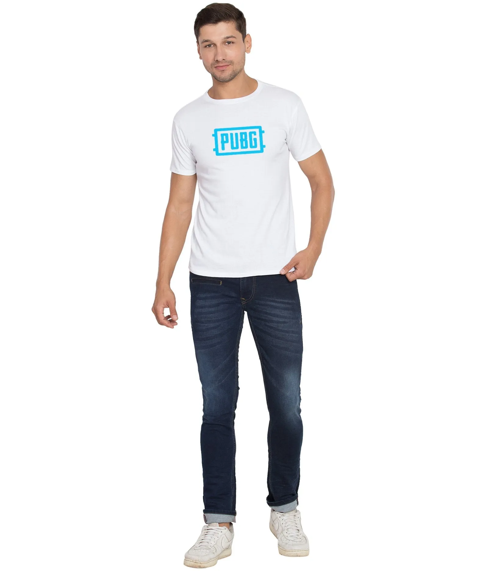 Cliths Printed Pubg Tshirts For Men/White And Sky Men's Pubg Tshirt Half Sleeve