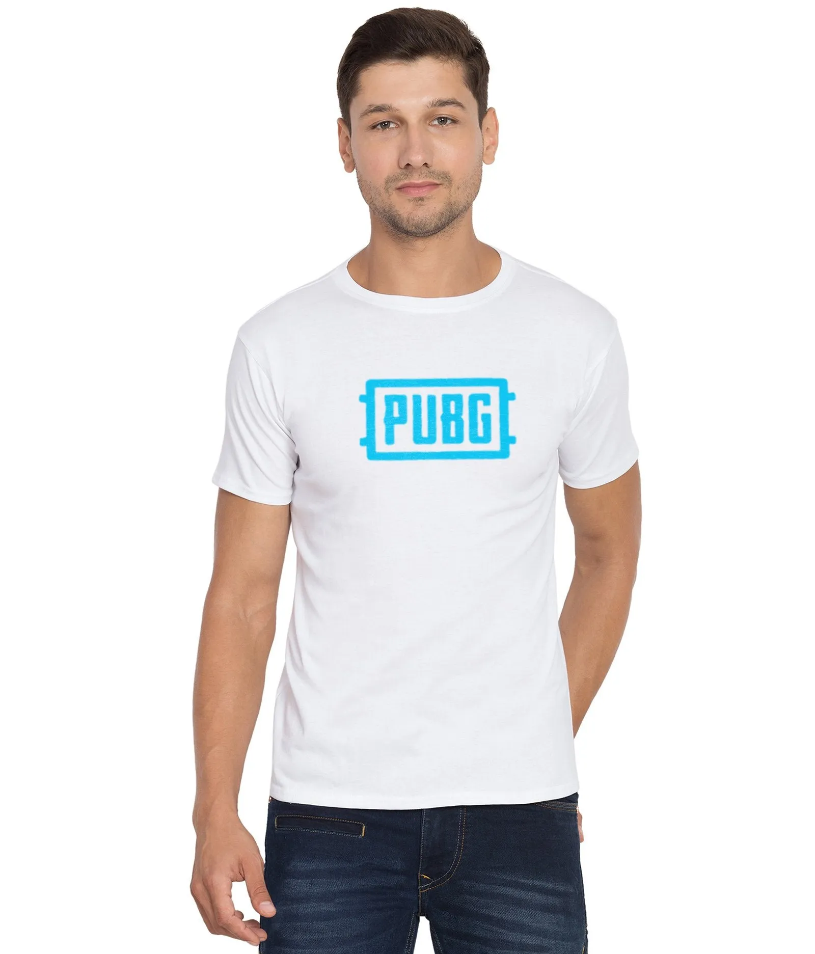 Cliths Printed Pubg Tshirts For Men/White And Sky Men's Pubg Tshirt Half Sleeve