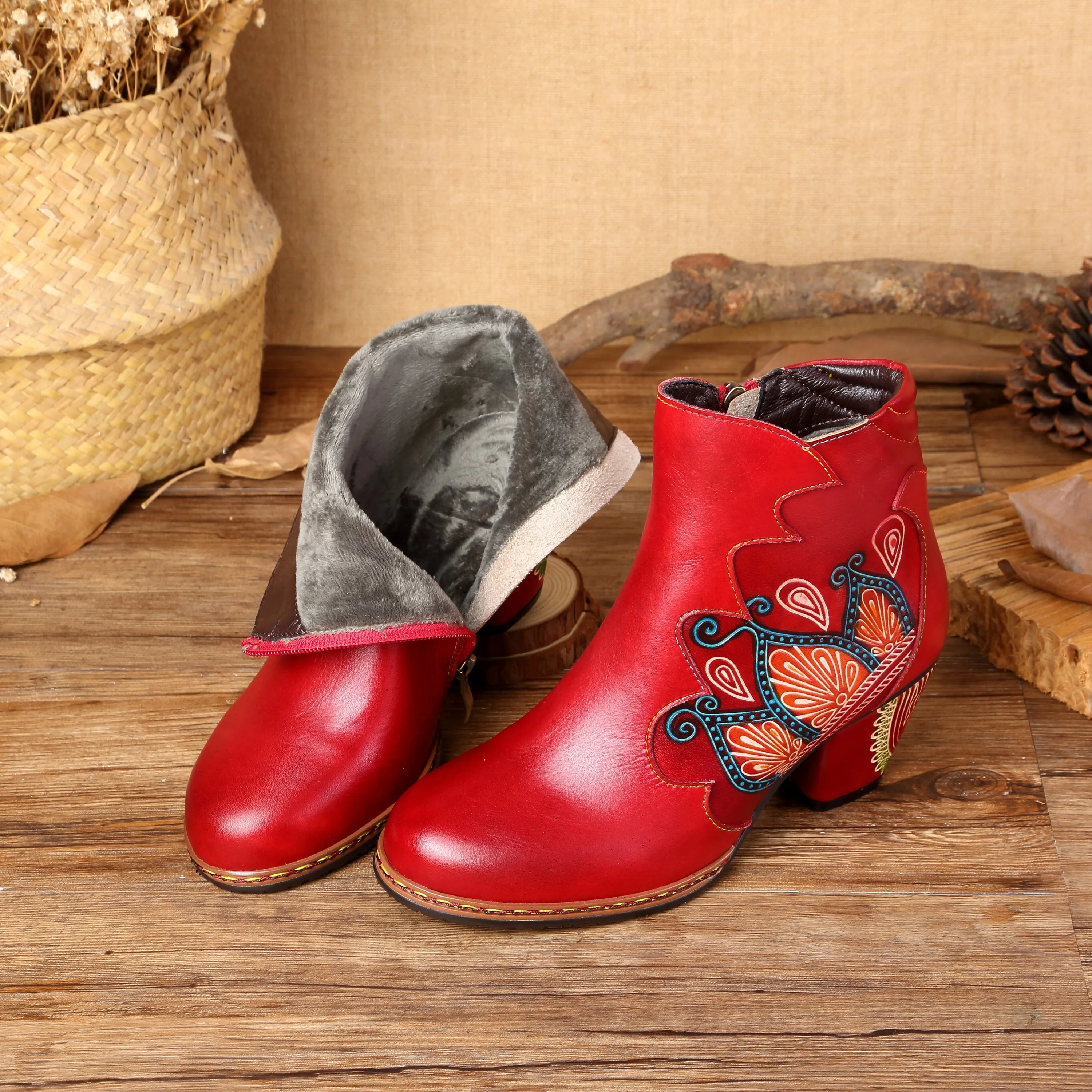 CrazycatZ Womens  Boots Floral Block Heel Leather Western Boots Colorful Leather Boots Red