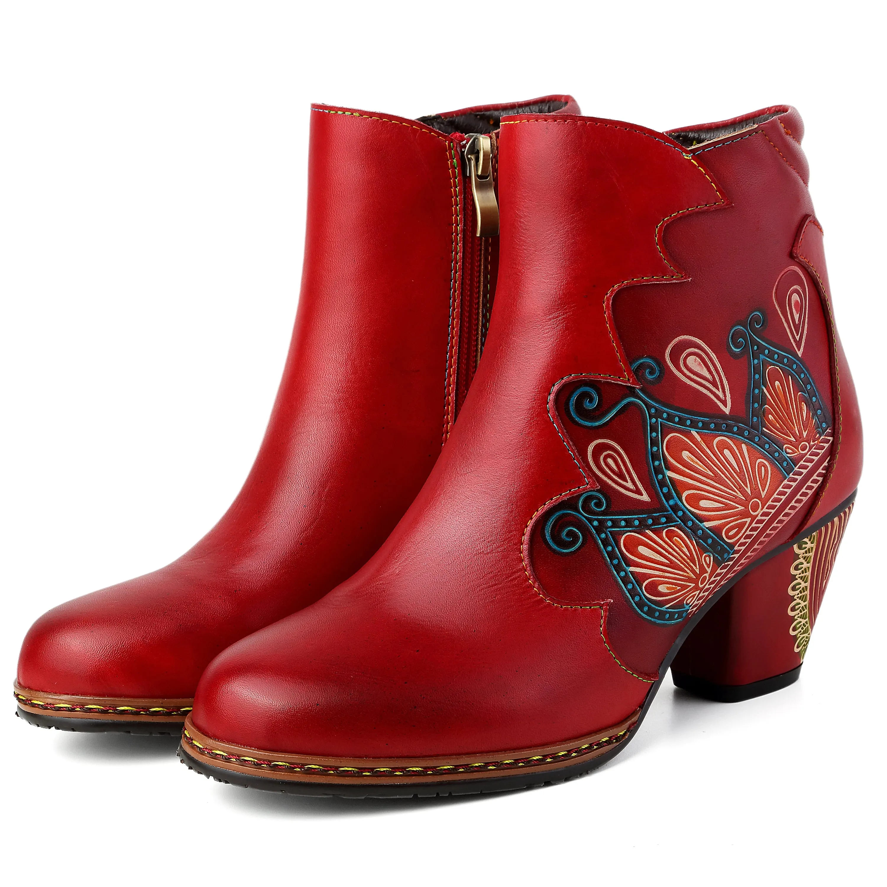CrazycatZ Womens  Boots Floral Block Heel Leather Western Boots Colorful Leather Boots Red