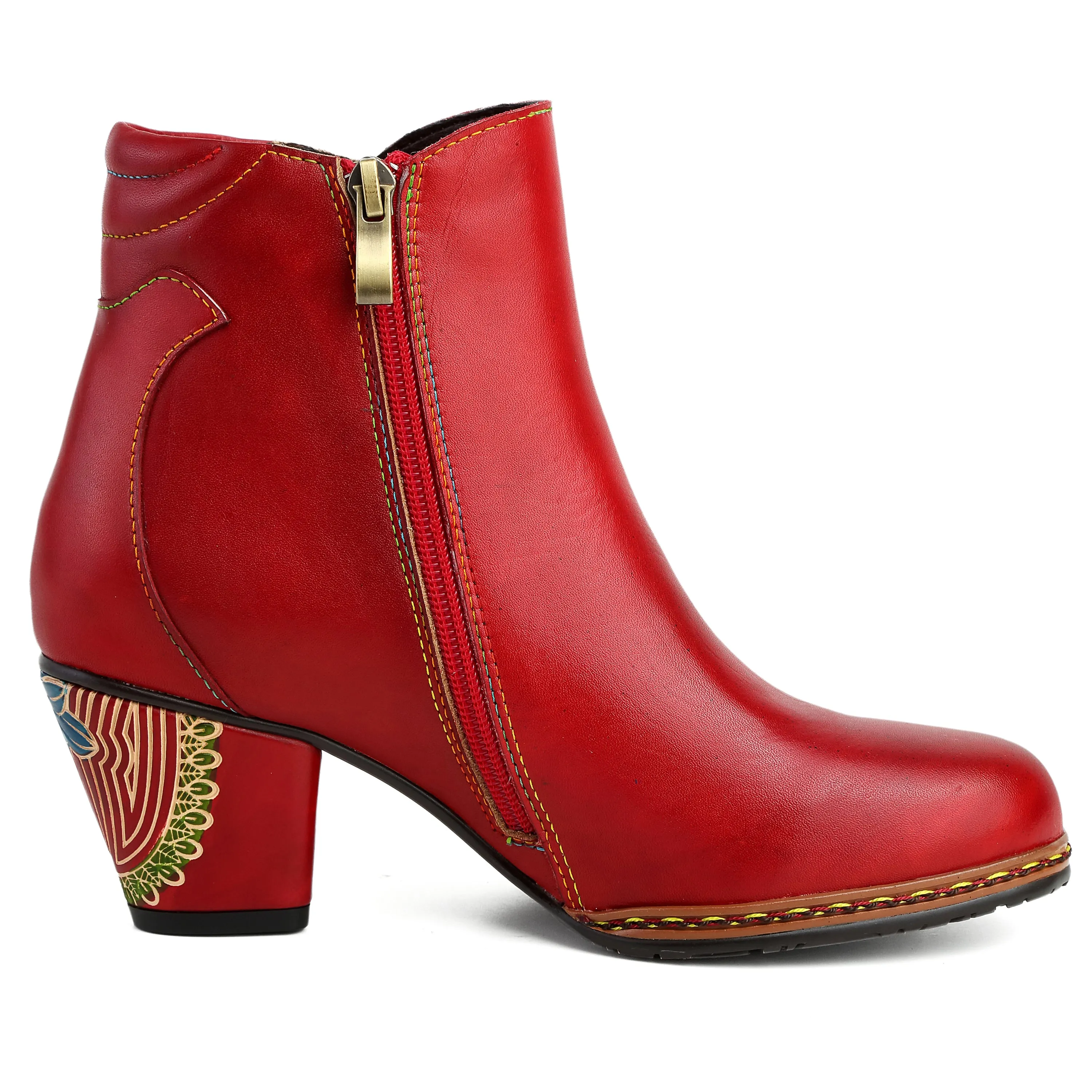 CrazycatZ Womens  Boots Floral Block Heel Leather Western Boots Colorful Leather Boots Red