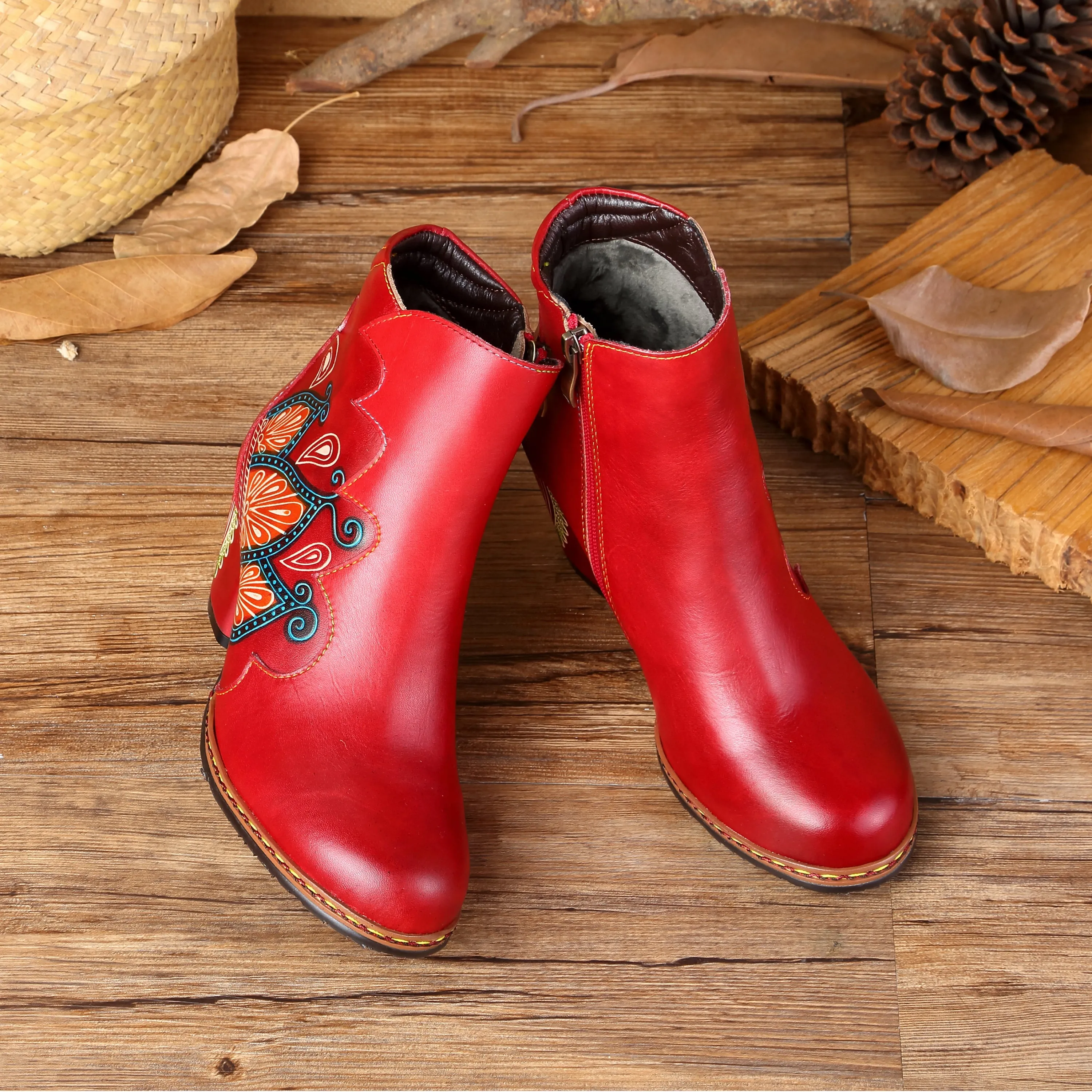 CrazycatZ Womens  Boots Floral Block Heel Leather Western Boots Colorful Leather Boots Red
