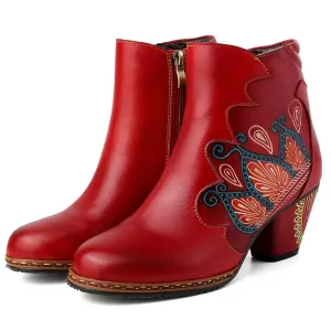 CrazycatZ Womens  Boots Floral Block Heel Leather Western Boots Colorful Leather Boots Red
